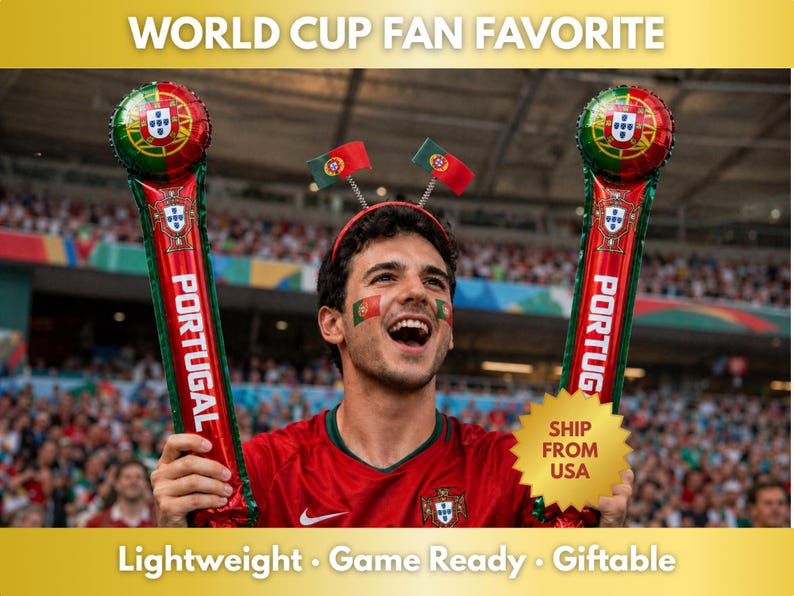 May include: Two inflatable red, green, and gold Portugal fan cheering sticks with the text PORTUGAL printed vertically. The sticks feature the Portugal national coat of arms and flag design, intended for sports events and fan celebrations.