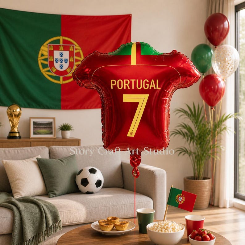 May include: A red foil balloon shaped like a soccer jersey with green accents, featuring the text PORTUGAL and the number 7 in yellow. The balloon is displayed in a room with a Portuguese flag, soccer ball, and party decorations on a table.