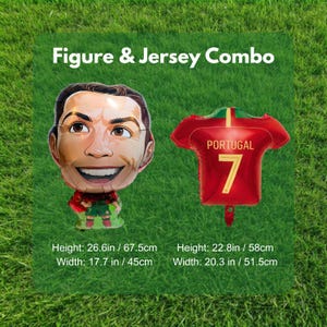 May include: A Figure & Jersey Combo balloon set featuring a caricature of a soccer player and a red Portugal jersey balloon with the number 7. The figure measures 26.6 inches high by 17.7 inches wide, and the jersey measures 22.8 inches high by 20.3 inches wide.