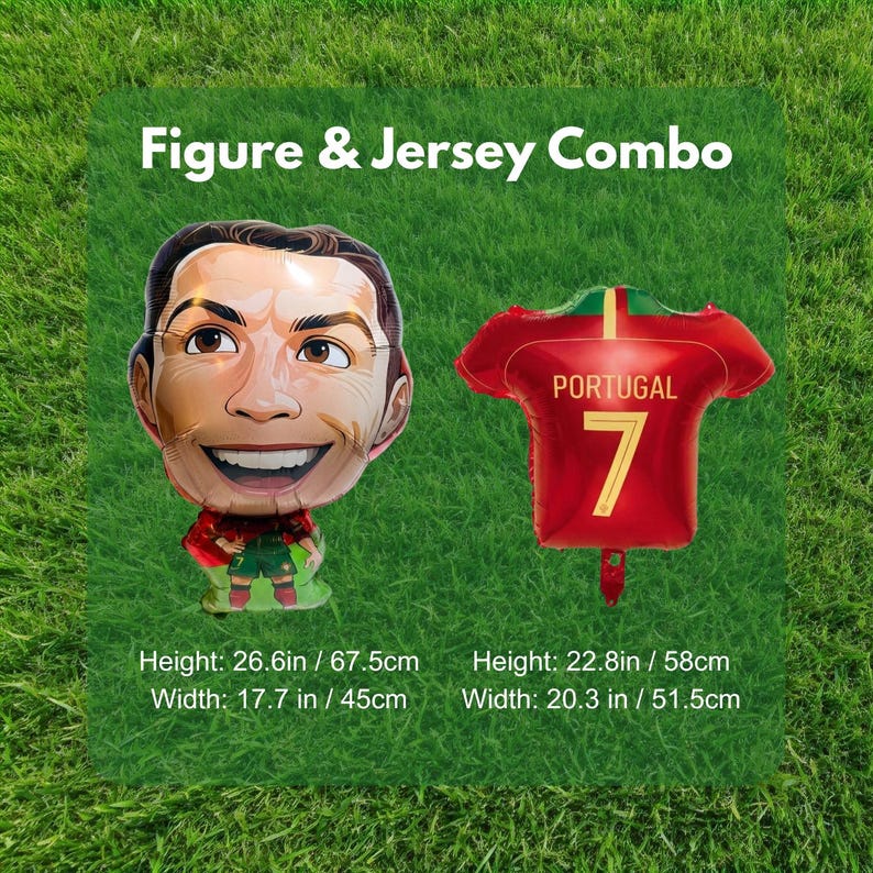 May include: A Figure & Jersey Combo balloon set featuring a caricature of a soccer player and a red Portugal jersey balloon with the number 7. The figure measures 26.6 inches high by 17.7 inches wide, and the jersey measures 22.8 inches high by 20.3 inches wide.