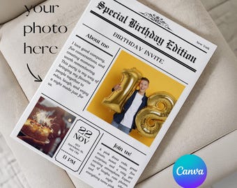 18歳の誕生日新聞テンプレートCanva、編集可能な誕生日ポスター、男性への18歳の誕生日プレゼント、カスタム写真プリント