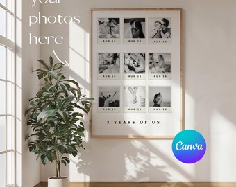 3rd Anniversary Gift for Couples, Custom Photo Collage Canva Template, Three Years Together Keepsake, Personalized Couple Poster Wall Art