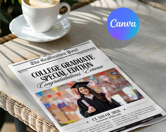 Plantilla de periódico de graduación en Canva, póster de la promoción de 2026, anuncio de graduación editable, regalo imprimible para graduación de instituto o universidad.
