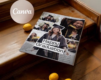 Plantilla moderna para periódico de graduación en Canva, póster minimalista de la promoción de 2026, anuncio de graduación imprimible, regalo para estudiantes de último año.