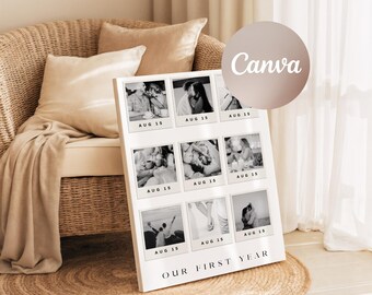 Regalo de primer aniversario, collage de fotos "1 año juntos", póster de recuerdos para parejas, plantilla editable de Canva, regalo para novio y novia.