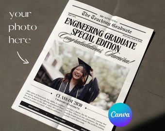 Engineering Graduation Newspaper Template Canva, Future Engineer Grad Gift, Class of 2026 STEM Poster, Printable Announcement