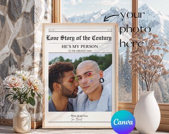 Gay Wedding Gift for Couple, Custom Newspaper Style Poster Canva Template, Two Grooms Keepsake, LGBT Wedding Day Print for Him and Him