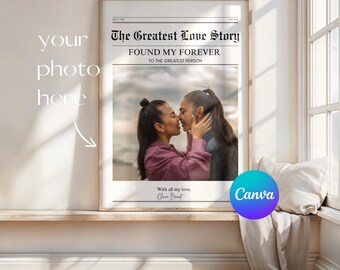 Lesbian Engagement Gift, Custom Newspaper Style Poster Canva Template, She Said Yes Keepsake, LGBT Two Brides Print for Her and Her