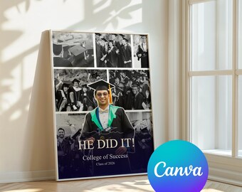 Plantilla de Canva para collage de fotos de graduación de hijo, regalo de graduación universitaria para él, póster de la clase de 2026, regalo de graduación masculino imprimible