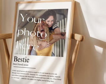 Lámina personalizada con la definición de "mejor amiga" y foto, póster fotográfico de amistad personalizado, regalo personalizado para mejores amigas, lámina decorativa para pared con la frase "mejor amiga".