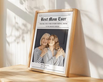 お母さんの誕生日新聞テンプレート（Canva）、お母さんへのパーソナライズされた誕生日プレゼント、カスタム写真プリント、娘からの記念ウォールアート