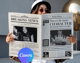 Periódico de cumpleaños para la mejor amiga, regalo de cumpleaños para la mejor amiga, plantilla de póster de cumpleaños personalizada, periódico editable en Canva.