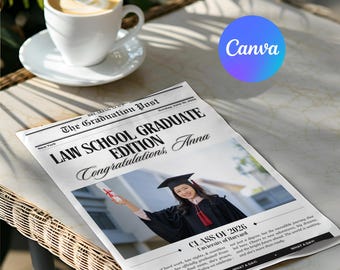 Plantilla de periódico para la graduación de la facultad de derecho, póster de Canva para futuros abogados, anuncio de graduación de JD, regalo imprimible para la facultad de derecho