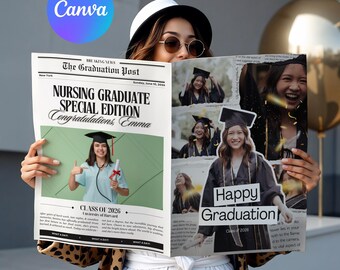 Plantilla de periódico de graduación de enfermería en Canva, regalo de graduación para enfermeras registradas, póster de anuncio de la escuela de enfermería, imprimible para la promoción de 2026