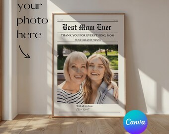 母の日新聞テンプレートCanva、パーソナライズされたお母さんへのギフト、カスタム写真プリント、誕生日記念ウォールアート、娘からのギフト