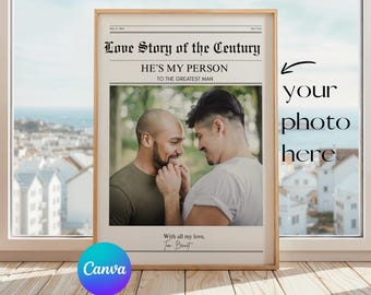 Gay Engagement Gift for Couple, Custom Newspaper Style Poster Canva Template, Two Grooms Keepsake, LGBT He Said Yes Print