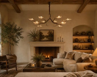 Nordic Tree Branch Chandelier | Frosted Glass Leaf Panels |Handcrafted Wood Grain Resin Lamp | Rustic Organic Vibe | Nature Inspired