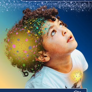 Puede incluir: Un niño mirando hacia arriba con una representación gráfica del cerebro. El texto en la parte superior dice "THE DEVELOPING BRAIN PART 1". El texto inferior dice "LEADER IN THE HOME". El fondo es un degradado azul y amarillo.