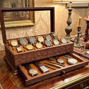 Prachtig handgesneden palissander displaydoos met 12 sleuven | Glazen scharnierend deksel en opberglade