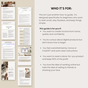 Snapshot of ebook preview pages with bold heading “Who It’s For.” Lists ideal users such as beginners wanting to earn online, resell products, or work facelessly. Emphasizes simplicity, clarity, and ease of use for starting digital product creation with AI tools.
