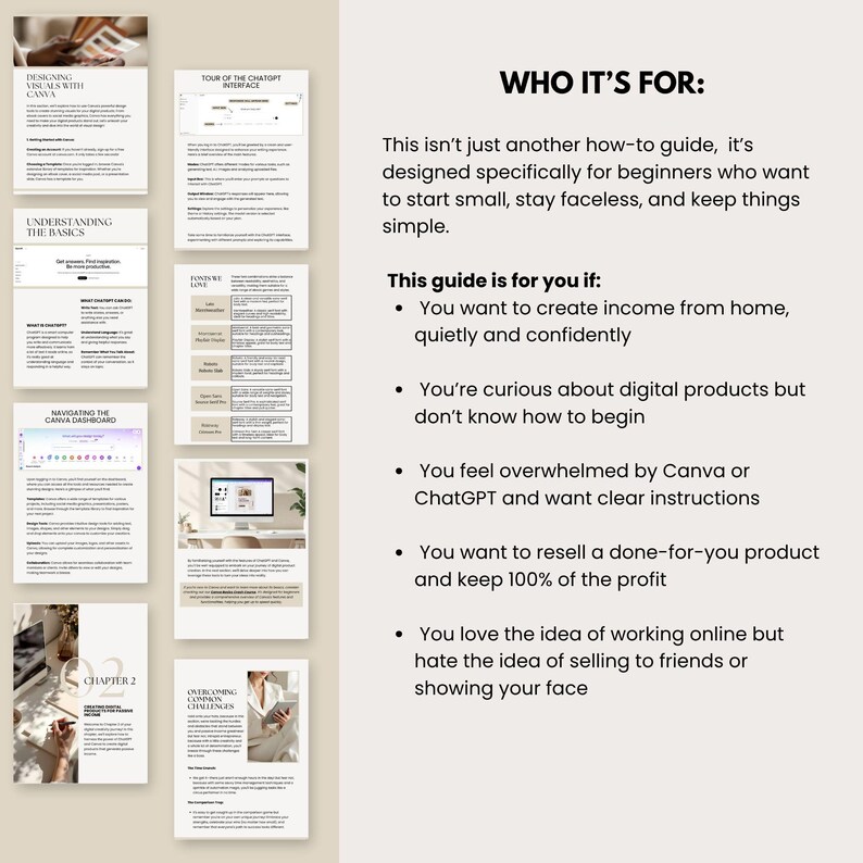 Snapshot of ebook preview pages with bold heading “Who It’s For.” Lists ideal users such as beginners wanting to earn online, resell products, or work facelessly. Emphasizes simplicity, clarity, and ease of use for starting digital product creation with AI tools.