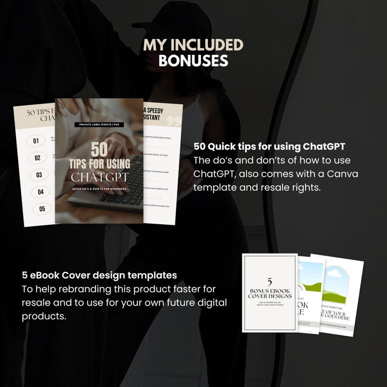 Bonus section showing included products: “50 Tips for Using ChatGPT” with resale rights and Canva template, plus 5 editable eBook cover design templates to rebrand fast and launch your own products. Perfect for digital marketers and beginner resellers.