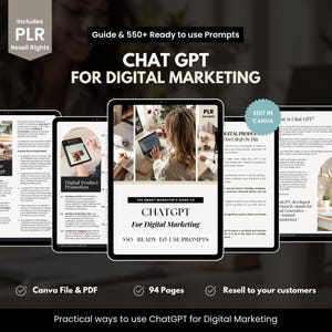 Peut inclure: Un guide de marketing numérique intitulé "ChatGPT pour le marketing numérique" avec plus de 550 invites, affiché sur une tablette. L'image comprend le texte "PLR Resell Rights" et "Edit in Canva". Le guide est disponible en fichier Canva et PDF, avec 94 pages.