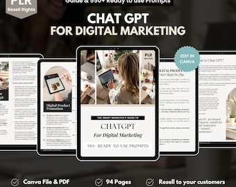 ChatGPT eBook with PLR MRR, Incl. 550 Digital Marketing Prompts, Canva Editable Template, Resell for Profit, PDF Digital Product