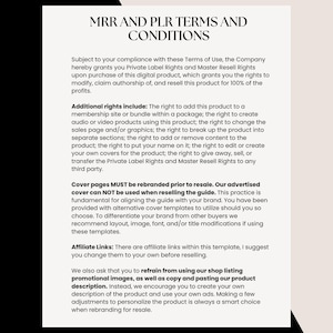MRR and PLR terms of use for ChatGPT & Canva digital guide. Explains usage rights, rebranding requirements, and affiliate link terms. Essential info for resellers looking to edit and resell the product under their own branding with no minimum resale price.
