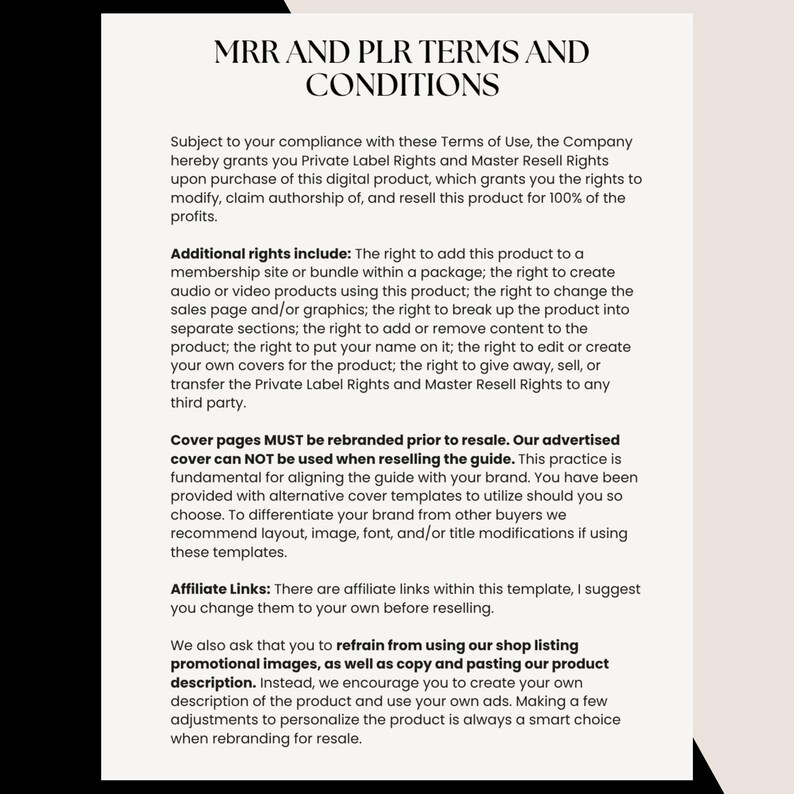 MRR and PLR terms of use for ChatGPT & Canva digital guide. Explains usage rights, rebranding requirements, and affiliate link terms. Essential info for resellers looking to edit and resell the product under their own branding with no minimum resale price.