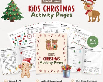 Kids Christmas Activity Pages Bundle | 102 Printable Worksheets | Canva Template | PLR & Resell Rights | Holiday Kids Games