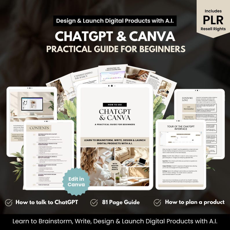 digital product mockup showcasing "ChatGPT & Canva Practical Guide for Beginners" with multiple tablet screens displaying ebook pages, including how to talk to ChatGPT, how to plan a product, and resell rights. Includes PLR label. Ideal for passive income and faceless digital marketing businesses.