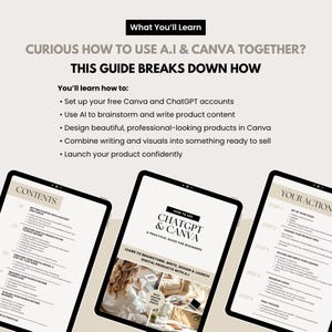 Professional layout preview of the editable ChatGPT & Canva digital guide for beginners. Shows open table of contents and Canva interface with drag-and-drop design options. Emphasizes beautiful layout and easy customization using free Canva tools.