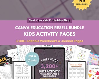 3,200+ Kids Activity Pages Bundle, Editable Canva Templates: Alphabet, Math, Coloring, Puzzles. PLR + Master Resell Rights Rebrand & Sell