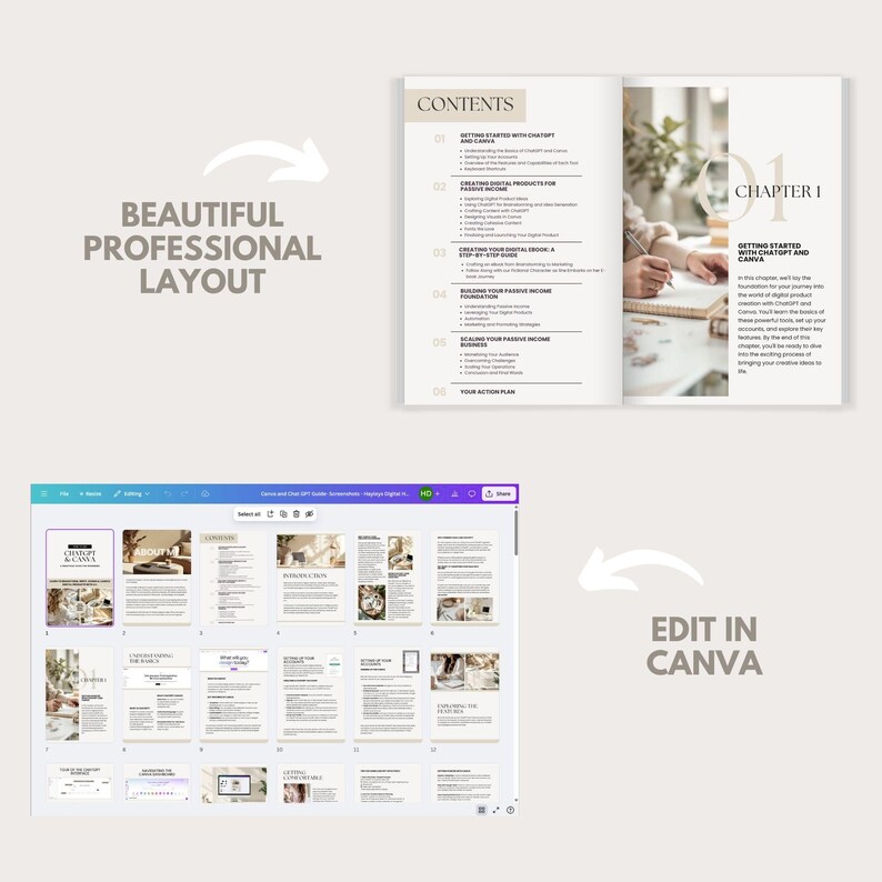 Educational slide showing what you’ll learn inside the ChatGPT & Canva guide. Highlights learning outcomes such as brainstorming, designing digital products in Canva, and launching confidently using AI. Great for beginners starting digital product businesses.