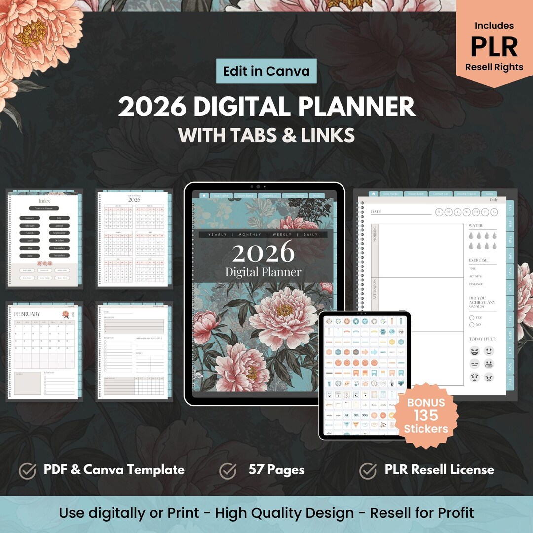 2026 Digital Planner Linked, Teal Peach Floral Theme, Canva Editable ...