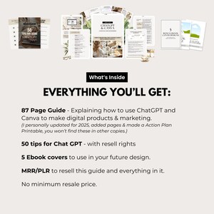 Everything included graphic for ChatGPT & Canva Practical Guide. Lists: 87-page editable guide, 50 ChatGPT tips, 5 eBook covers, and full MRR/PLR with no resale limit. Updated for 2025 with additional pages and action plan printable. Great for creating faceless digital products.