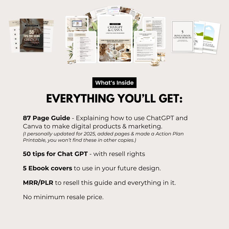 Everything included graphic for ChatGPT & Canva Practical Guide. Lists: 87-page editable guide, 50 ChatGPT tips, 5 eBook covers, and full MRR/PLR with no resale limit. Updated for 2025 with additional pages and action plan printable. Great for creating faceless digital products.