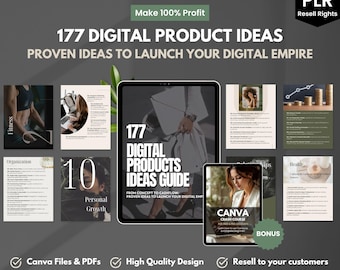 Digitaler Produktideen-Leitfaden PLR Canva | 177 Ideen für den Online-Verkauf für ein passives Einkommen, Nebenarbeit und kleine Unternehmen