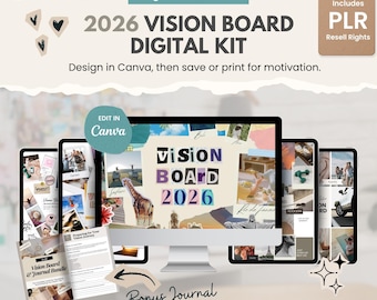 2026 Vision Board Digital Kit, Canva Templates with Journal, Editable Dream Board Maker & Affirmation Bundle - PLR Resell Rights