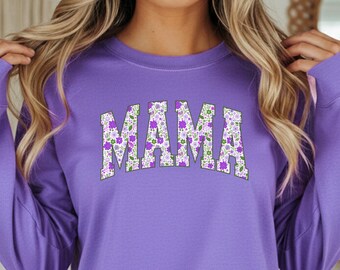 MAMA Floral Long Sleeve T-Shirt Women's Graphic Tee, Motherhood Top