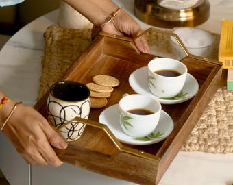 Wooden tea Serving Tray  | Rectangular Breakfast|  Gold Handles | ottoman key trinket Tray |