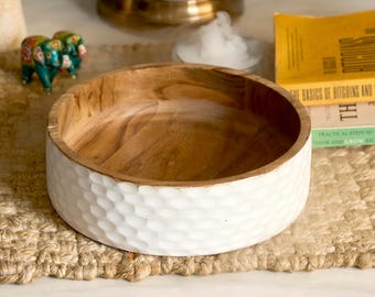 Handcrafted Wooden Bowl 26cm | White Textured Serving | Decorative Fruit Bowl | Large Wood Centerpiece