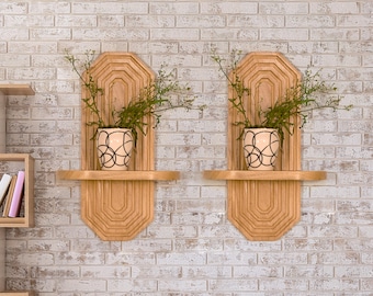 Prateleira flutuante para plantas feita à mão em madeira de mangueira - Decoração de parede moderna para sala de estar, quarto e hall de entrada.