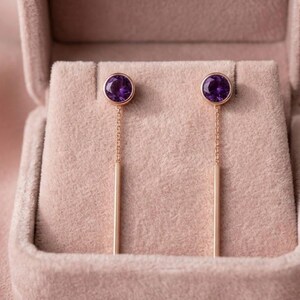 4 mm natürliche Amethyst Threader Ohrringe, 18k Solid Gold Lila Edelstein lange Ohrringe, zierliche Bar baumeln Ohrringe, Tropfen Ohrringe Geschenk Frauen