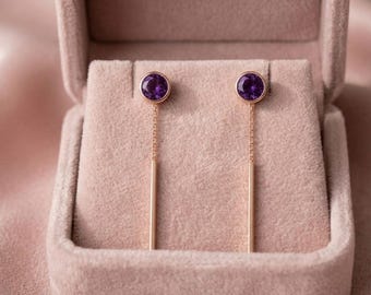 4 mm natürliche Amethyst Threader Ohrringe, 18k Solid Gold Lila Edelstein lange Ohrringe, zierliche Bar baumeln Ohrringe, Tropfen Ohrringe Geschenk Frauen