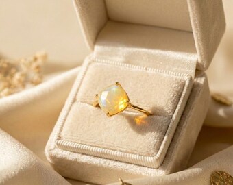 Cushion Cut Ethiopian Opal Ring, Minimalist 18k Gold Ring, Fine Gemstone Jewelry, 2ct Opal Engagement Ring, Handmade October Birthstone Gift
