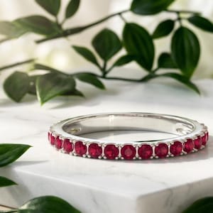 Ruby Half Eternity Ring, 18k Solid Gold 2mm Round Ruby Band, Minimal Stacking Wedding Ring, July Birthstone Jewelry, Micro Pave Ring Gift
