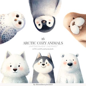 Puede incluir: Ilustración en acuarela de seis animales árticos: un búho nival, un pingüino, una nutria marina, un husky blanco, un husky gris y blanco y un oso polar. También se incluye el texto "16 Arctic Cozy Animals".