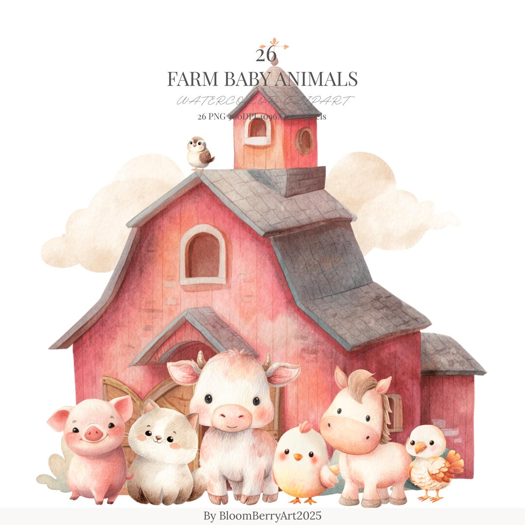Cute Farm Baby Animals Clipart Watercolor Barnyard Baby Cow Pig Lamb ...